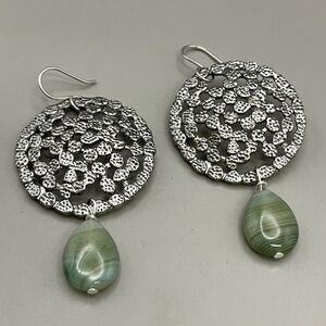 Elegant Silver and Green Dangle Earrings with Intricate Design